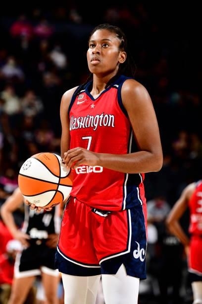 Ariel Atkins of the Washington Mystics shoots a free throw during the game against the Phoenix Mercury on August 19, 2021 at Footprint Center in...