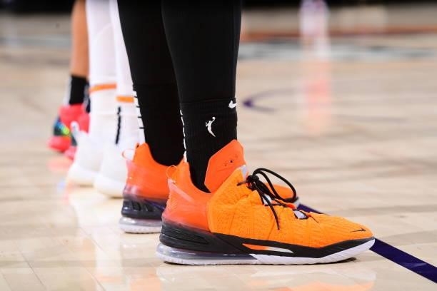 The sneakers worn by Brittney Griner of the Phoenix Mercury during the game against the Washington Mystics on August 19, 2021 at Phoenix Suns Arena...