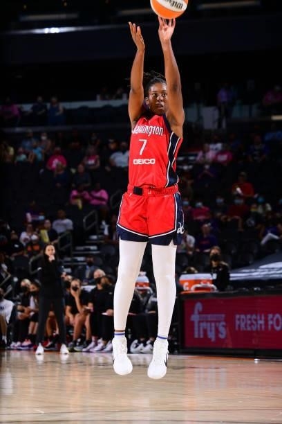 Ariel Atkins of the Washington Mystics shoots the ball during the game against the Phoenix Mercury on August 19, 2021 at Phoenix Suns Arena in...