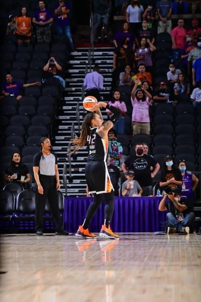 Megan Walker of the Phoenix Mercury shoots the ball during the game against the Washington Mystics on August 19, 2021 at Phoenix Suns Arena in...