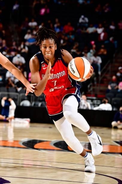 Ariel Atkins of the Washington Mystics drives to the basket during the game against the Phoenix Mercury on August 19, 2021 at Footprint Center in...