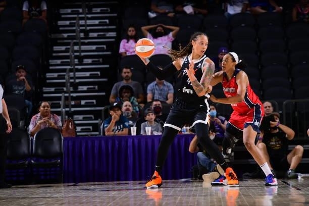 Brittney Griner of the Phoenix Mercury dribbles during the game against the Washington Mystics on August 19, 2021 at Phoenix Suns Arena in Phoenix,...