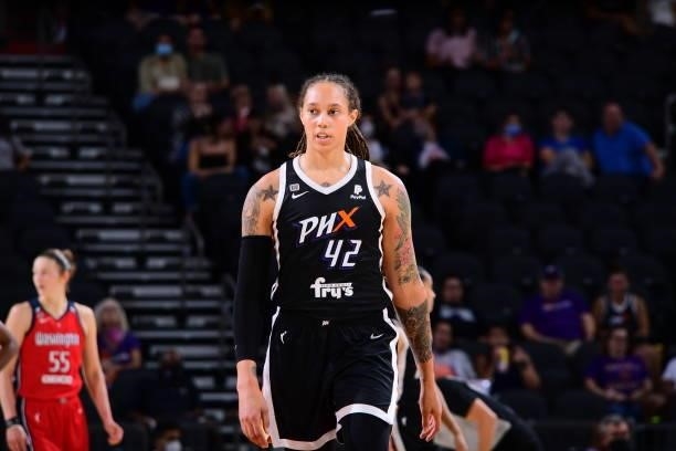 Brittney Griner of the Phoenix Mercury looks on during the game against the Washington Mystics on August 19, 2021 at Phoenix Suns Arena in Phoenix,...