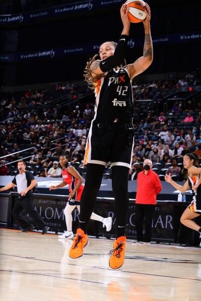 Brittney Griner of the Phoenix Mercury rebounds during the game against the Washington Mystics on August 19, 2021 at Phoenix Suns Arena in Phoenix,...