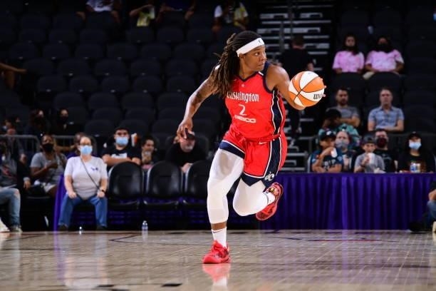 Myisha Hines-Allen of the Washington Mystics dribbles during the game against the Phoenix Mercury on August 19, 2021 at Phoenix Suns Arena in...