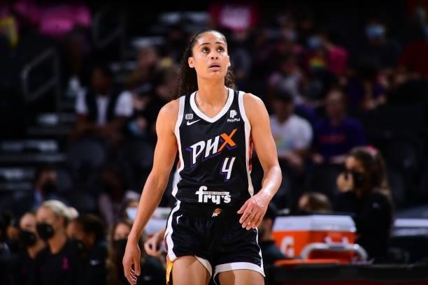 Skylar Diggins-Smith of the Phoenix Mercury looks on during the game against the Washington Mystics on August 19, 2021 at Phoenix Suns Arena in...