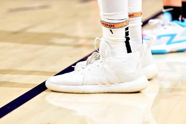 The sneakers worn by Tina Charles of the Washington Mystics during the game against the Phoenix Mercury on August 19, 2021 at Footprint Center in...