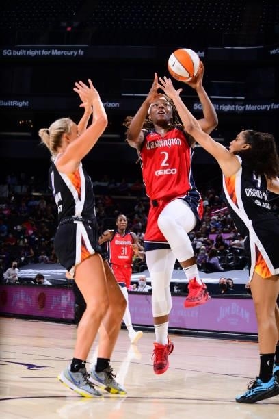 Myisha Hines-Allen of the Washington Mystics drives to the basket during the game against the Phoenix Mercury on August 19, 2021 at Phoenix Suns...