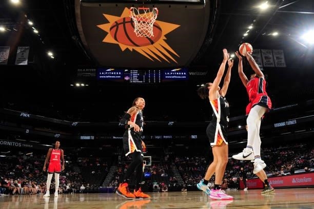 Ariel Atkins of the Washington Mystics shoots the ball during the game against the Phoenix Mercury on August 19, 2021 at Footprint Center in Phoenix,...