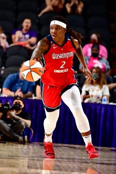 Myisha Hines-Allen of the Washington Mystics dribbles the ball down court during the game against the Phoenix Mercury on August 19, 2021 at Footprint...