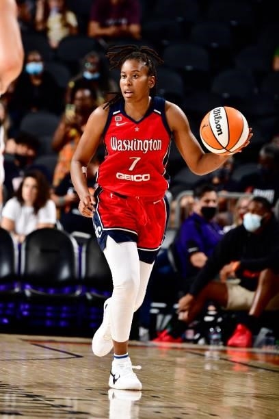 Ariel Atkins of the Washington Mystics dribbles the ball during the game against the Phoenix Mercury on August 19, 2021 at Footprint Center in...