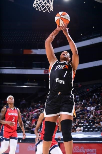 Kia Vaughn of the Phoenix Mercury shoots the ball during the game against the Washington Mystics on August 19, 2021 at Phoenix Suns Arena in Phoenix,...
