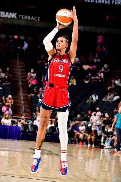 Natasha Cloud of the Washington Mystics shoots a three point basket during the game against the Phoenix Mercury on August 19, 2021 at Footprint...