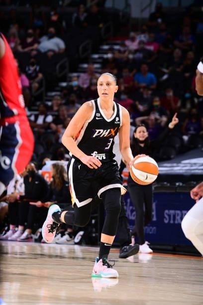 Diana Taurasi of the Phoenix Mercury dribbles during the game against the Washington Mystics on August 19, 2021 at Phoenix Suns Arena in Phoenix,...