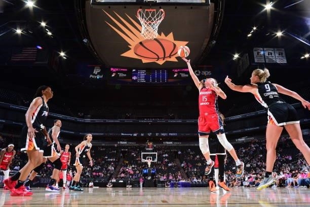 Sydney Wiese of the Washington Mystics shoots the ball during the game against the Phoenix Mercury on August 19, 2021 at Phoenix Suns Arena in...
