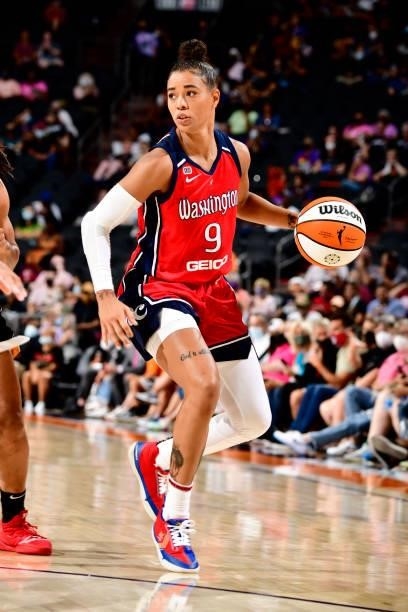 Natasha Cloud of the Washington Mystics drives to the basket during the game against the Phoenix Mercury on August 19, 2021 at Footprint Center in...