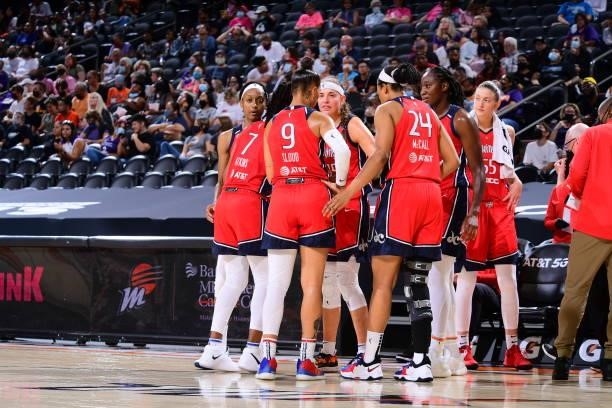 The Washington Mystics would huddle up during the game against the Phoenix Mercury on August 19, 2021 at Phoenix Suns Arena in Phoenix, Arizona. NOTE...