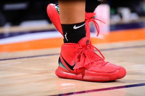 The sneakers worn by Shey Peddy of the Phoenix Mercury during the game against the Washington Mystics on August 19, 2021 at Phoenix Suns Arena in...