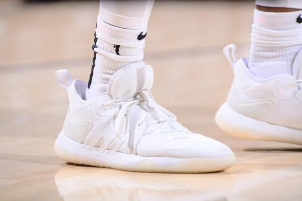 The sneakers worn by Tina Charles of the Washington Mystics during the game against the Phoenix Mercury on August 19, 2021 at Phoenix Suns Arena in...