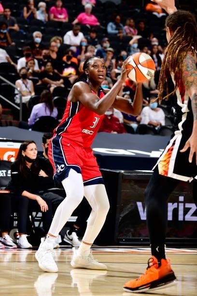 Tina Charles of the Washington Mystics shoots the ball during the game against the Phoenix Mercury on August 19, 2021 at Footprint Center in Phoenix,...