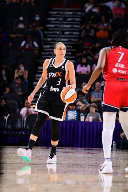 Diana Taurasi of the Phoenix Mercury dribbles during the game against the Washington Mystics on August 19, 2021 at Phoenix Suns Arena in Phoenix,...