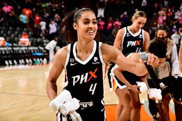 Skylar Diggins-Smith of the Phoenix Mercury smiles after the game against the Washington Mystics on August 19, 2021 at Footprint Center in Phoenix,...