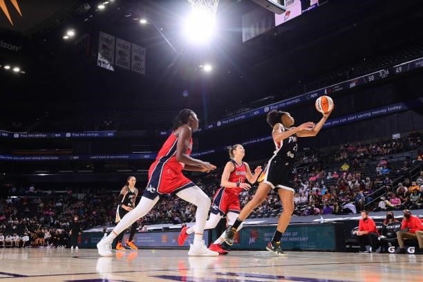 Brianna Turner of the Phoenix Mercury rebounds during the game against the Washington Mystics on August 19, 2021 at Phoenix Suns Arena in Phoenix,...