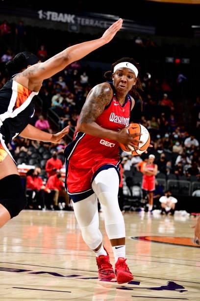 Myisha Hines-Allen of the Washington Mystics drives to the basket during the game against the Phoenix Mercury on August 19, 2021 at Footprint Center...