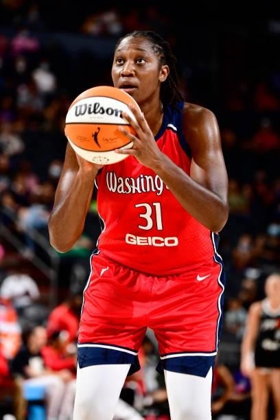 Tina Charles of the Washington Mystics shoots a free throw during the game against the Phoenix Mercury on August 19, 2021 at Footprint Center in...