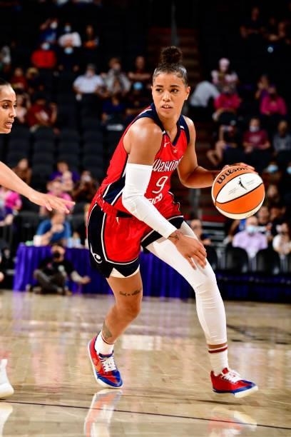 Natasha Cloud of the Washington Mystics drives to the basket during the game against the Phoenix Mercury on August 19, 2021 at Footprint Center in...