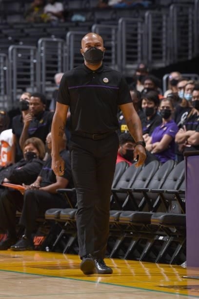 Head Coach Derek Fisher of the Los Angeles Sparks looks on during the game against the Atlanta Dream on August 19, 2021 at the Staples Center in Los...