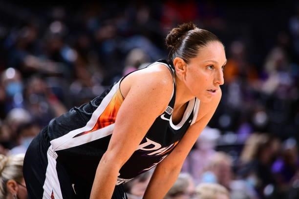 Diana Taurasi of the Phoenix Mercury looks on during the game against the Washington Mystics on August 19, 2021 at Phoenix Suns Arena in Phoenix,...