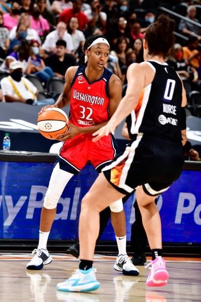 Shatori Walker-Kimbrough of the Washington Mystics handles the ball during the game against the Phoenix Mercury on August 19, 2021 at Footprint...