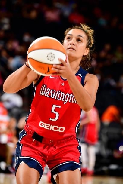 Leilani Mitchell of the Washington Mystics shoots a free throw during the game against the Phoenix Mercury on August 19, 2021 at Footprint Center in...