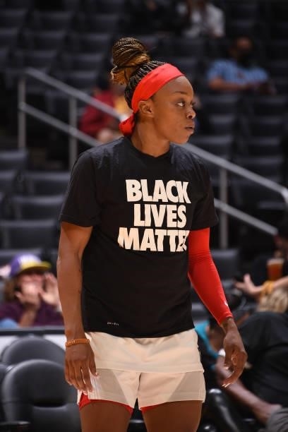 Odyssey Sims of the Atlanta Dream looks on before the game against the Los Angeles Sparks on August 19, 2021 at the Staples Center in Los Angeles,...
