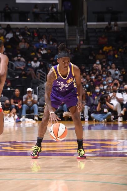 Erica Wheeler of the Los Angeles Sparks handles the ball during the game against the Atlanta Dream on August 19, 2021 at the Staples Center in Los...