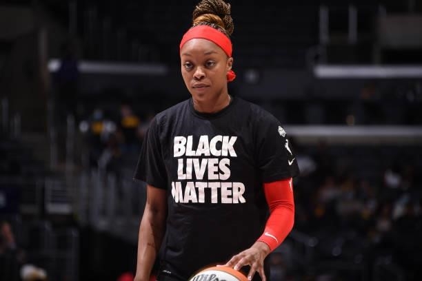 Odyssey Sims of the Atlanta Dream looks on before the game against the Los Angeles Sparks on August 19, 2021 at the Staples Center in Los Angeles,...