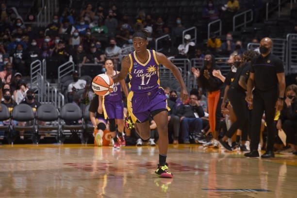Erica Wheeler of the Los Angeles Sparks dribbles the ball against the Atlanta Dream on August 19, 2021 at the Staples Center in Los Angeles,...