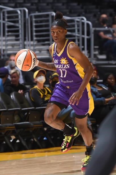 Erica Wheeler of the Los Angeles Sparks handles the ball during the game against the Atlanta Dream on August 19, 2021 at the Staples Center in Los...