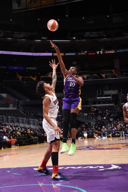 Nneka Ogwumike of the Los Angeles Sparks shoots the ball against the Atlanta Dream on August 19, 2021 at the Staples Center in Los Angeles,...