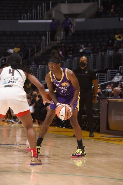 Erica Wheeler of the Los Angeles Sparks handles the ball against the Atlanta Dream on August 19, 2021 at the Staples Center in Los Angeles,...