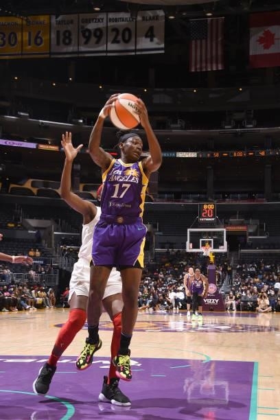 Erica Wheeler of the Los Angeles Sparks rebounds the ball against the Atlanta Dream on August 19, 2021 at the Staples Center in Los Angeles,...