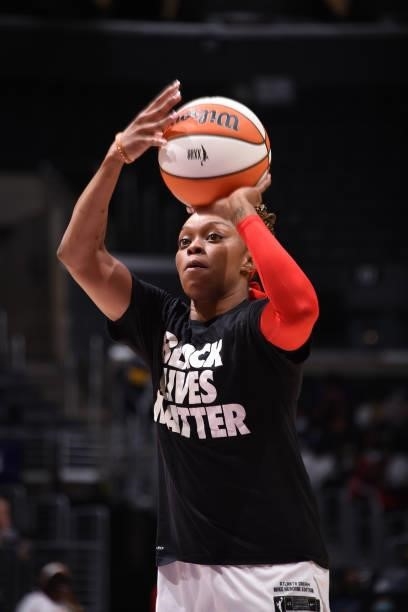 Odyssey Sims of the Atlanta Dream shoots the ball before the game against the Los Angeles Sparks on August 19, 2021 at the Staples Center in Los...