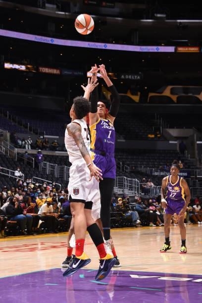 Amanda Zahui B of the Los Angeles Sparks shoots the ball against the Atlanta Dream on August 19, 2021 at the Staples Center in Los Angeles,...