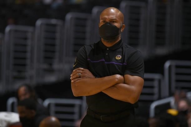 Head Coach Derek Fisher of the Los Angeles Sparks looks on during the game against the Atlanta Dream on August 19, 2021 at the Staples Center in Los...