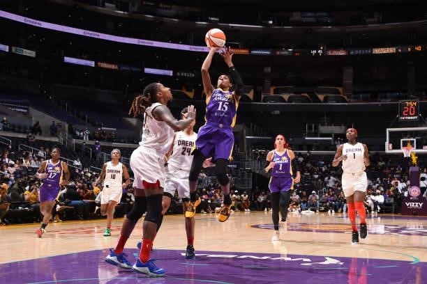 Brittney Sykes of the Los Angeles Sparks shoots the ball against the Atlanta Dream on August 19, 2021 at the Staples Center in Los Angeles,...