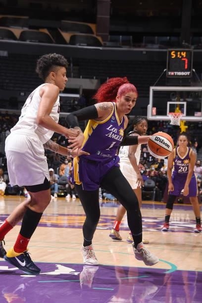 Amanda Zahui B of the Los Angeles Sparks drives to the basket against the Atlanta Dream on August 19, 2021 at the Staples Center in Los Angeles,...