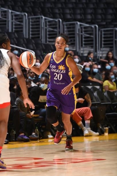 Kristi Toliver of the Los Angeles Sparks dribbles the ball against the Atlanta Dream on August 19, 2021 at the Staples Center in Los Angeles,...