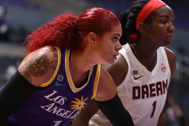 Amanda Zahui B of the Los Angeles Sparks looks on during the game against the Atlanta Dream on August 19, 2021 at the Staples Center in Los Angeles,...