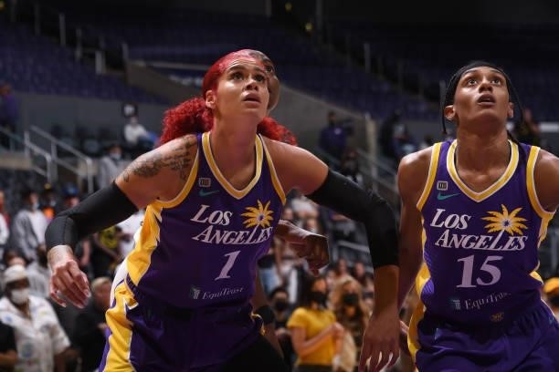 Amanda Zahui B and Brittney Sykes of the Los Angeles Sparks look up during the game against the Atlanta Dream on August 19, 2021 at the Staples...